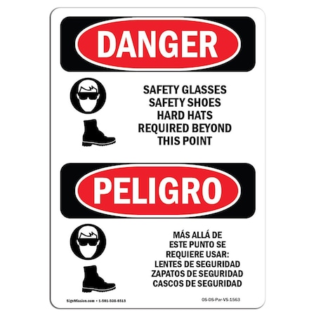 Signmission OSHA Danger, Glasses Shoes Hard Bilingual, 14in X 10in Aluminum, 10" W, 14" H, Bilingual Spanish OS-DS-A-1014-VS-1563